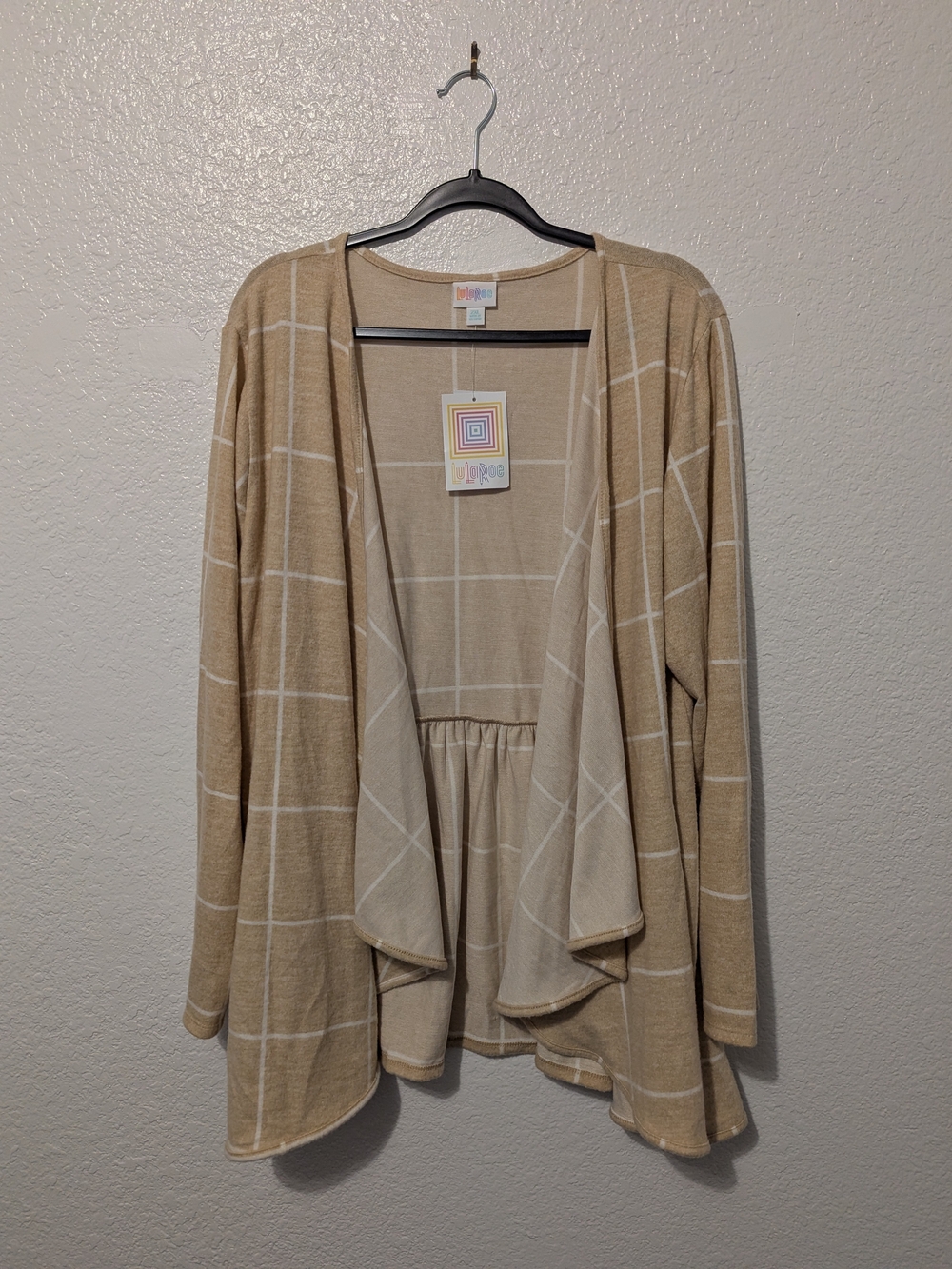 LuLaRoe Beige Windowpane Open Front Cardigan